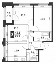 3-комнатная квартира 73,9 м2 ЖК «Рихард»